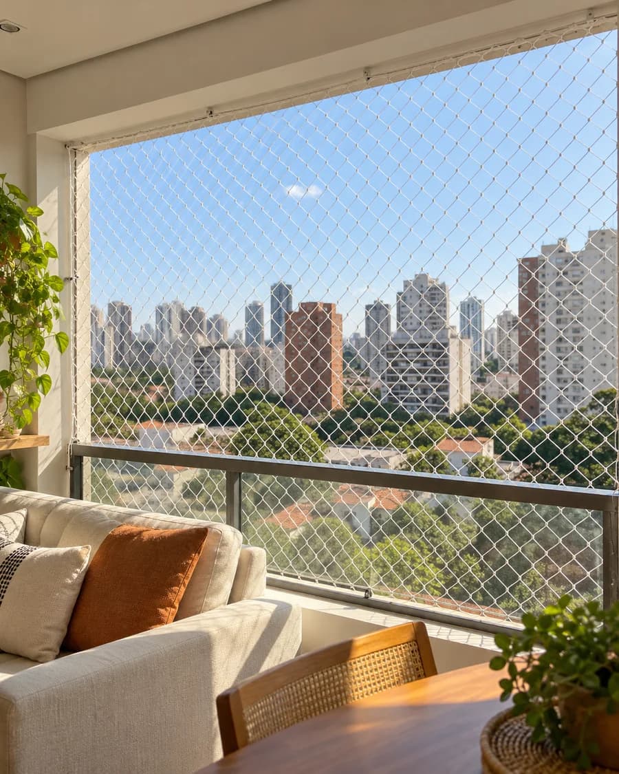 Janela de apartamento com rede de proteção instalada