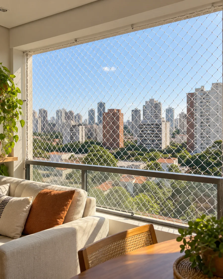 Janela de apartamento com rede de proteção instalada