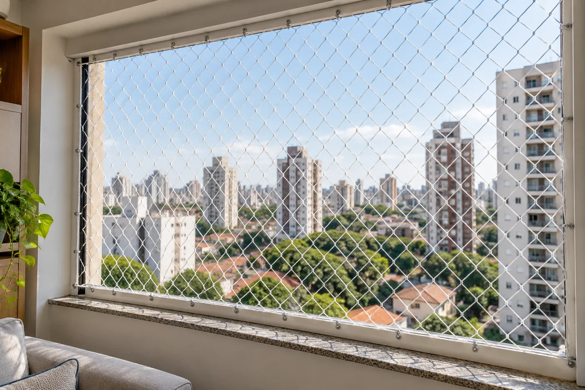 Rede de proteção instalada em janela de apartamento