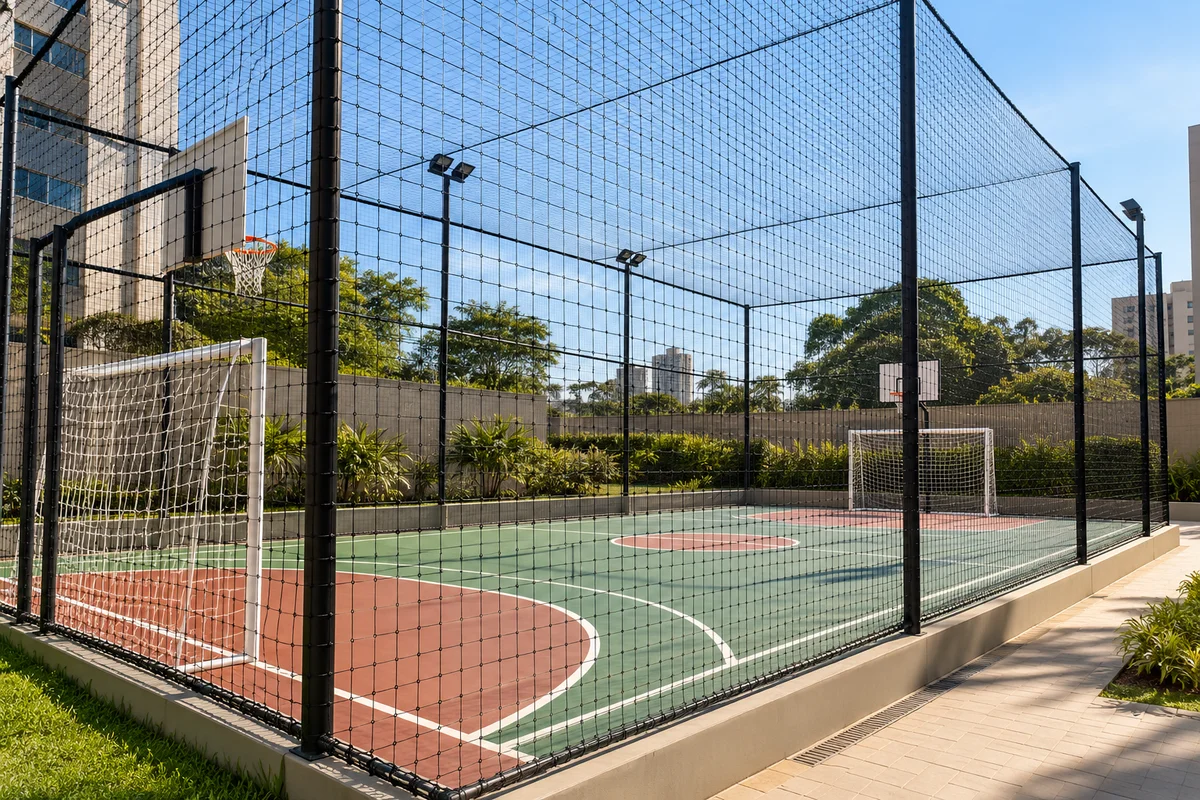 Rede de proteção instalada em quadra esportiva